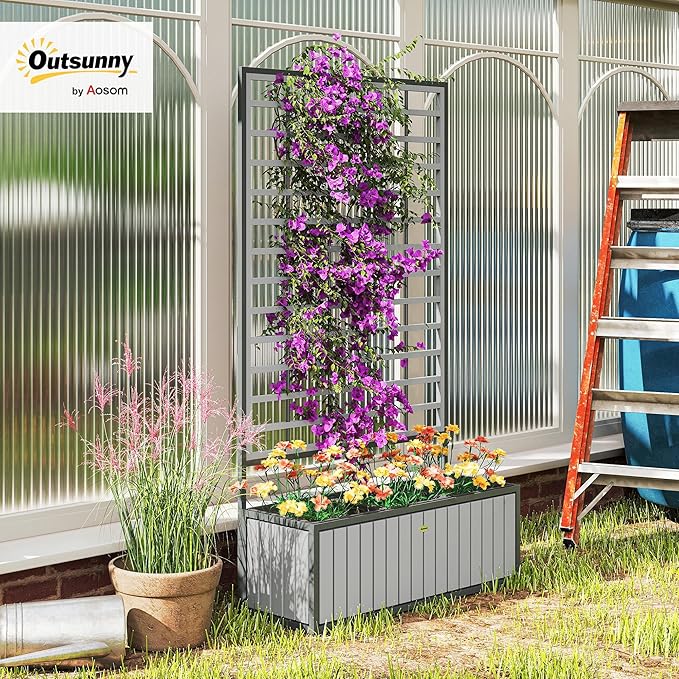 Outsunny Wooden Raised Garden Bed with Trellis Removable Pots Drainage Holes for Climbing Vines Vegetables Flowers Raised Planter Box for Backyard Patio Balcony 29 x 11 x 52 in. Gray