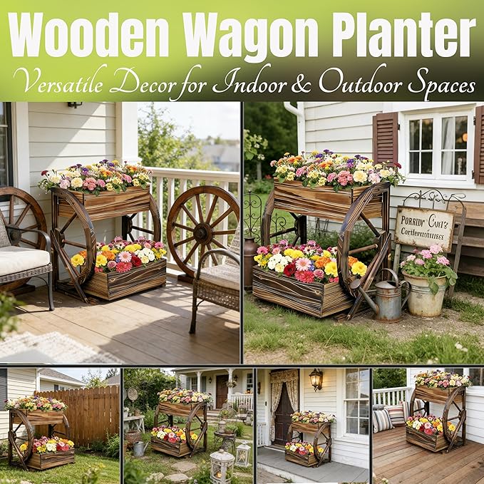 Wooden Wagon Garden Planter Box with Wheels-Indoor/Outdoor Decor for Patio Backyard Balcony-Country Farmhouse Flower Box-2 Tier Rustic Garden Raised Bed for Flowers Herbs Vegetables