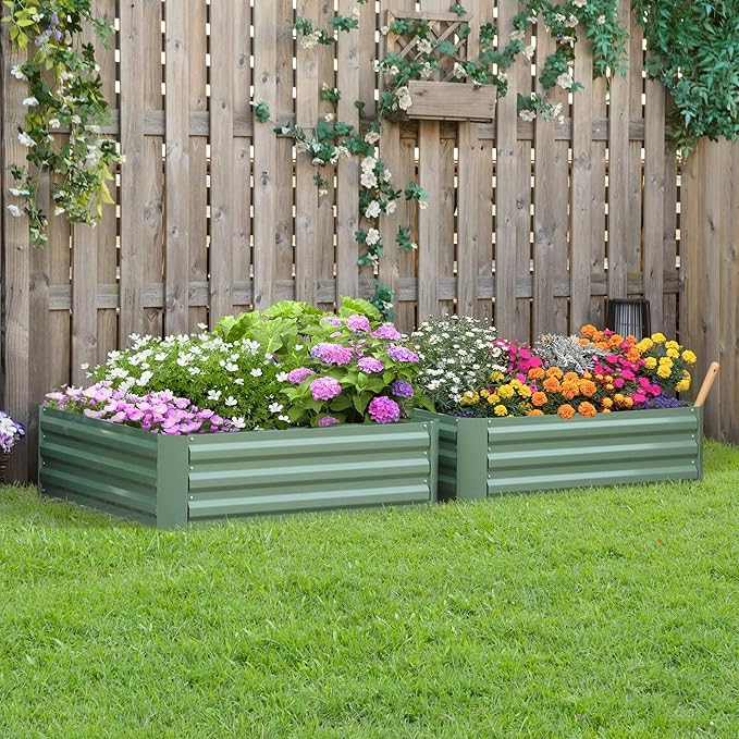 2 Pcs Galvanized Raised Garden Bed 3.3' x 3.3' x 1' Metal Planter Box for Growing Vegetables Flowers Herbs Succulents Green
