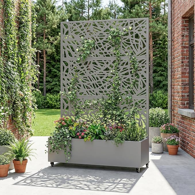 Casaphoria Metal Raised Garden Bed with Trellis and Wheels 72x47x16 Planter Box for Climbing Plants Vegetables &amp Vines Features Drainage Holes and Privacy Screen Grey-Net