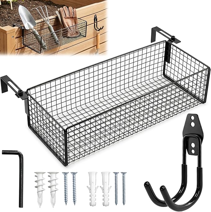 Metal Raised Garden Bed Hanging Storage Basket Includes Hooks 15.6 x 5.8 x 3.8in Flower Bed Clip-On Hanging Organizer Basket for Raised Garden Beds Kit for Gardening Tools &amp Supplies