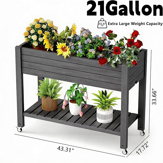 Elevated Raised Garden Bed with Legs 33.66 Tall Self-Watering Resin Outdoor Planter Box with Storage Shelf Drain Plug Water &amp Monitor for Plants Vegetables Flowers Fruits (Black)