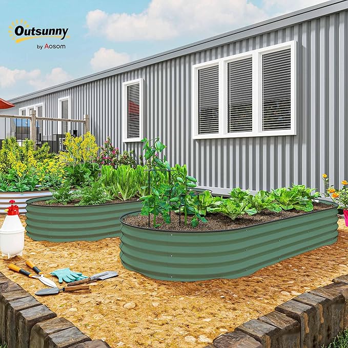 Outsunny 2PCS Galvanized Raised Garden Bed 7' x 3' x 1' Raised Beds for Gardening with Plant Support Stakes Rubber Strap Edging and Gloves Metal Planter Box for Vegetables Flowers Green