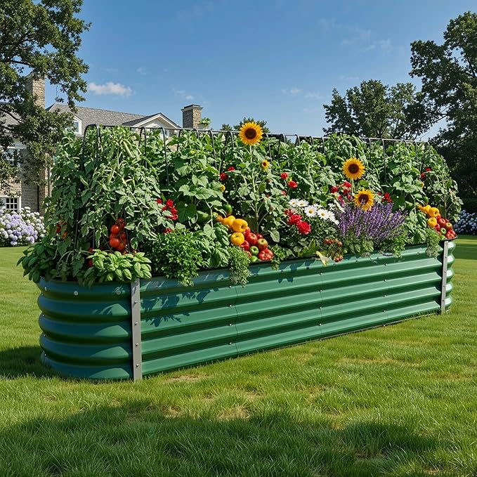 YITAHOME 17 Tall 9 in 1 Large Raised Garden Bed Kit 8x2x1.4ft Galvanized Metal Planter Box with Gloves &amp Safety Rubber Outdoor Above Ground Planters for Plants Vegetables Flowers Green