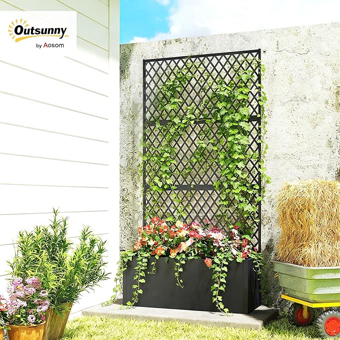 Outsunny Metal Planter Box with Trellis Raised Garden Bed with Trellis Privacy Screen and Drainage Holes for Climbing Plants Diamond Lattice Privacy Planter for Garden Patio Balcony