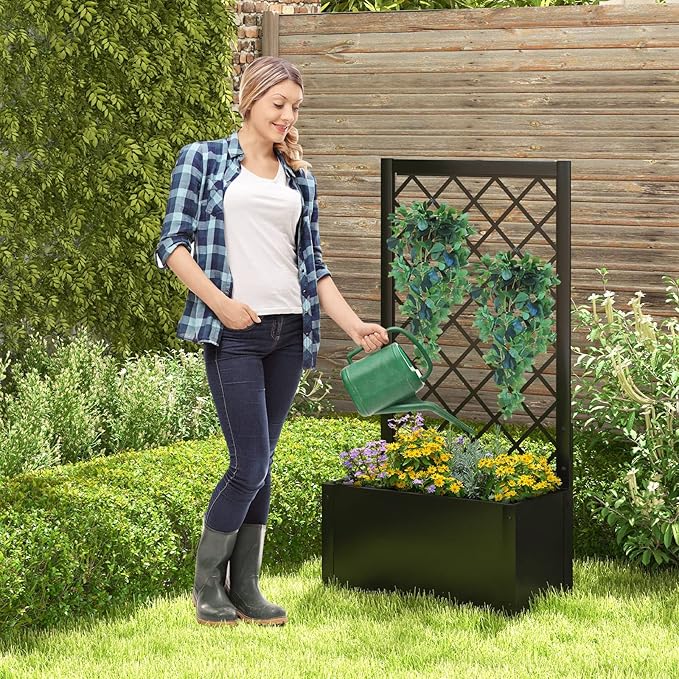 Giantex Set of 2 Raised Garden Bed with Trellis 44 Metal Vertical Planter with Garden Trellis Diamond Lattice for Vine Plant Flower Climbing Indoor &amp Outdoor Use for Yard Garden Balcony