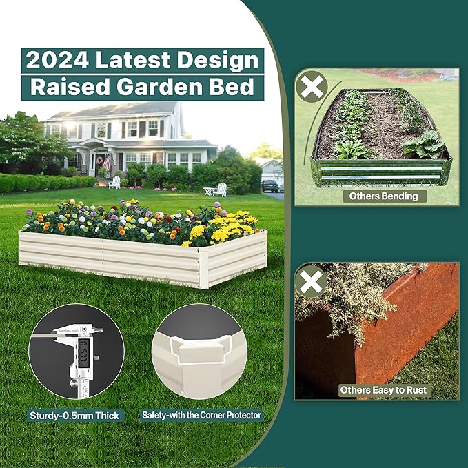 Raised Garden Bed Beige 6x3x1ft Galvanized Raised Garden Bed Outdoor Metal for Gardening Vegetables Flower Garden Planter Box Large Raised Bed with Gloves and 3ftx30ft Weed Barrier Fabric