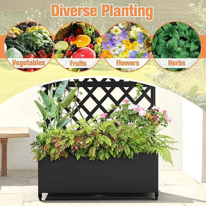Metal Raised Garden Bed with Diamond Lattice Trellis Outdoor Planter Box for Climbing Plants Vegetables Vines Galvanized Garden Box with Drainage Holes and Wheels Black (35.4L x 16.7W x 73.2H)