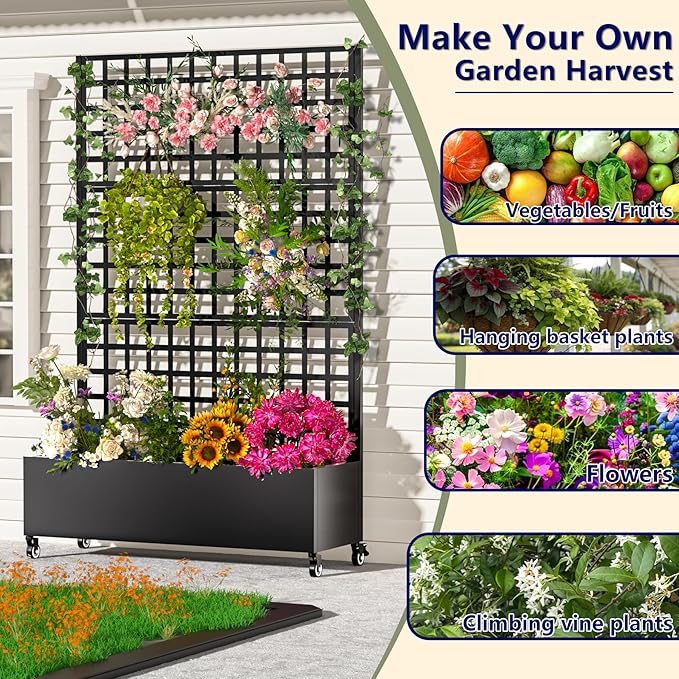 Metal Planter Box with Trellis72x47x16Galvanized Steel Outdoor Raised Garden Bed with Privacy Screenwith Drainage Holes &amp Lockable Casters for Climbing PlantsVegetablesand Vines.(Grid-Black