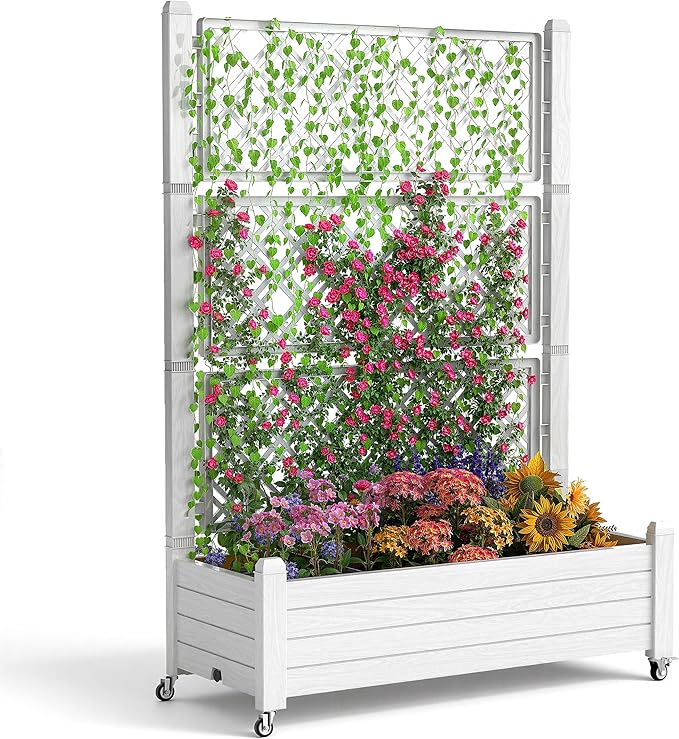 21 Gallon Raised Garden Bed with Trellis Self Watering Raised Planter Box with Wheels Drainage Holes and Gauge for Climbing Plants Vegetables and Flowers Anti-Rust Resin for Backyard Patio