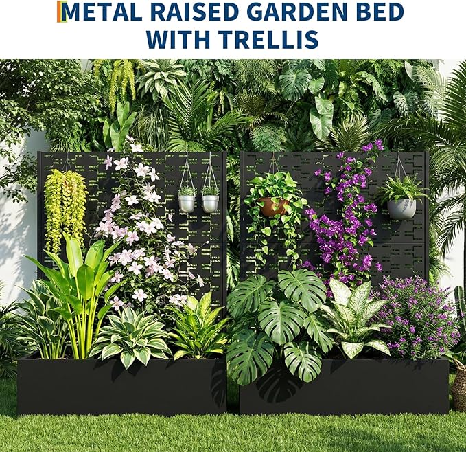 Garvee Metal Planter Box with Trellis 45.7x45x15 Raised Garden Beds with Trellis for Climbing Plants Vegetables Privacy Screen Planter Box with Drainage Holes for Patio Balcony Black