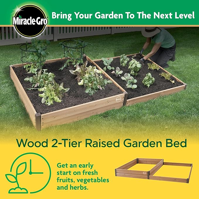 Miracle-GRO 4 x 8 Ft. 2-Tier Wooden Raised Garden Bed 19.2 Cu. Ft. Above Ground Garden with Powder-Coated Metal Brackets for Decks and Yards