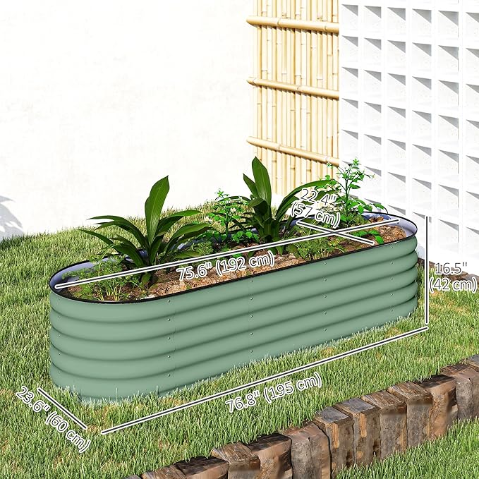 Outsunny 6.5' x 2' x 1.4' Galvanized Raised Garden Bed Kit Outdoor Metal Elevated Planter Box with Safety Edging Easy DIY Stock Tank for Growing Flowers Herbs &amp Vegetables Green