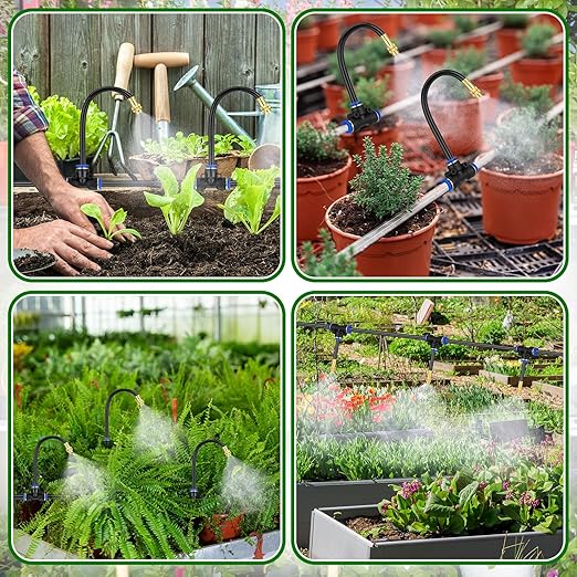 49 ft Drip Irrigation Kit 5/16 Tube Automatic Watering System with 16pcs 360° Adjustable Brass Nozzles Water Saving DIY for Garden Lawn Yard Greenhouse Plants