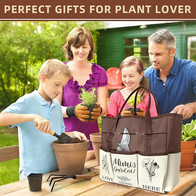 Mimi Gifts Garden Kit Gifts for Mimi Mothers Day from Grandkids Gardening Tools and Durable Garden Tools Organizer Tote Ideal Gardening Set for Women on Plant Lover Birthday Present Brown