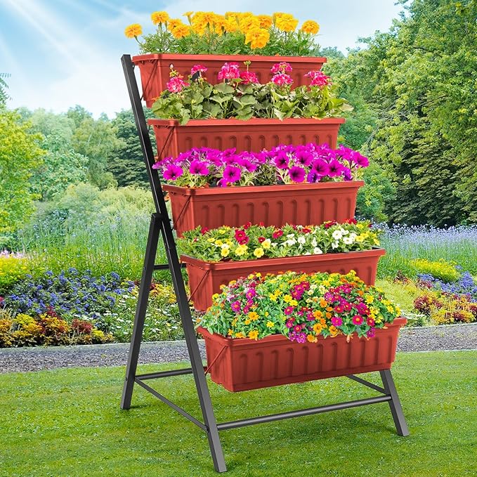 Homdox 5-Tier Elevated Garden Bed- Freestanding Vertical Raised Bed for Gardening 5 Garden Planter Boxes and 5 Hooks Perfect to Grow Vegetables Herbs Flowers Indoor(Brick Red)