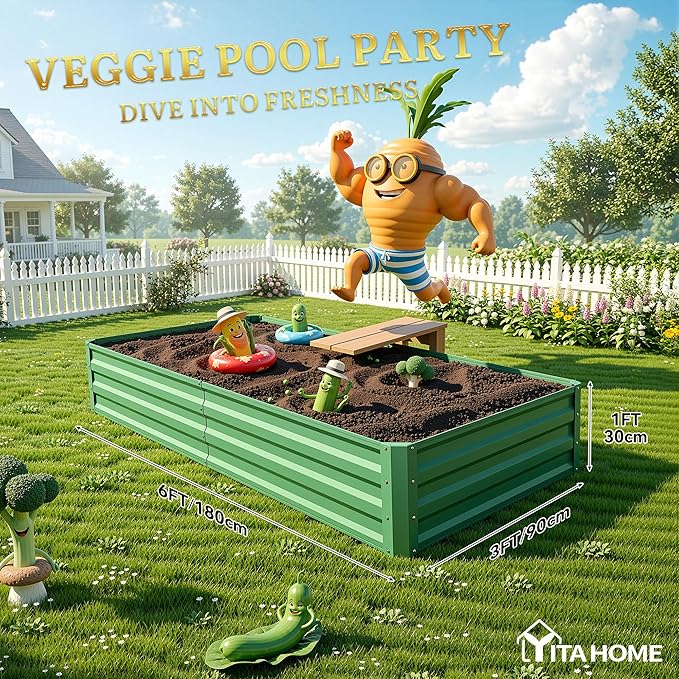 YITAHOME 6x3x1ft 2pcs Large Raised Garden Bed Kit Galvanized Metal Planter Box with Gloves Ground Nails Support Rod Outdoor Above Ground Planters for Plants Vegetables Flowers Green