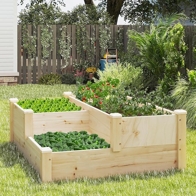 HAPPYGRILL 3-Tier Raised Garden Bed Wood Elevated Planter Box w/Open-Ended Base 3 Planting Depths&amp 2 Arrangement Options for Yard Lawn Outdoor Planter Raised Beds for Vegetables Herbs Fruits