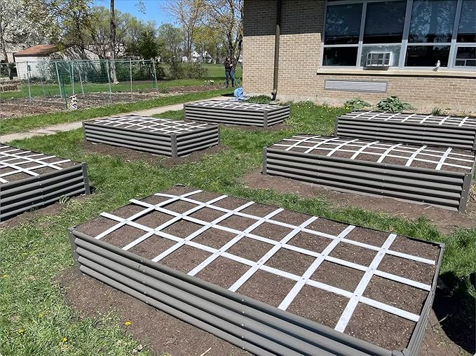 A ANLEOLIFE 4 Pcs 8X4X1.5 ft Rectangular Galvanized Raised Garden Beds Outdoor for Planting Vegetables Flowers Herb Quartz Grey