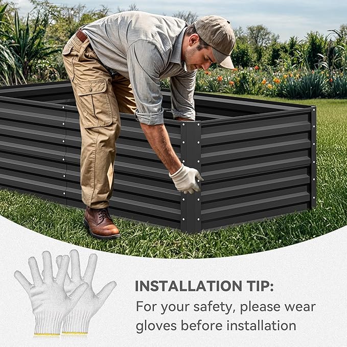 YITAHOME 6x3x2ft Raised Garden Bed Kit Galvanized Raised Bed with Gloves &amp Support Rod Outdoor Patio Planter Box for Plants Vegetables Flowers Black