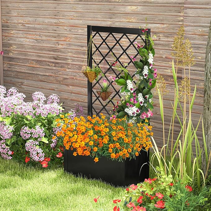 HAPPYGRILL Raised Garden Bed with Trellis 44” Metal Elevated Garden Box for Climbing Plants Vine Outdoor Planter Box for Yard Garden Balcony