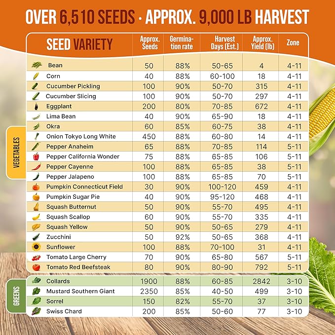 Organo Republic 25 Summer Vegetable Garden Seed Variety Pack - 6510+ Non-GMO Heirloom Veggie &amp Greens Seeds for Outdoors &amp Indoor Home Garden Including Collards Pepper Okra Onion Bean C