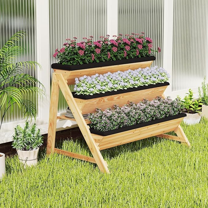 Giantex 3-Tier Vertical Raised Garden Bed Wood Elevated Planter Box with Legs Storage Shelf Liners for Growing Vegetables Herbs Flowers Indoor Outdoor Freestanding Raised Bed for Patio (Natural)