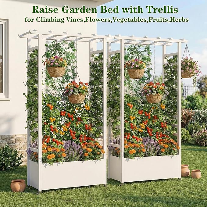 74 Mobile Planter with TrellisWeatherproof Vertical Raise Garden Bed with Trellis &amp Hanging Roof for Climbing PlantsFlowersVegetablesRust-Proof Metal Privacy Planter for Patio (White-A)
