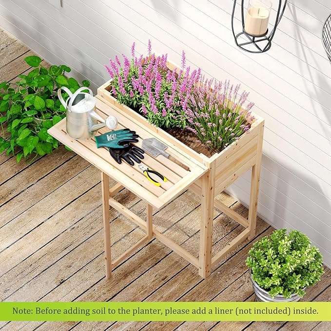 Giantex Wood Raised Garden Bed w/Folding Drop-Leaf Potting Table Planter Box for Flower Herb Vegetable Fruit Indoor Outdoor Elevated Raised Beds for Gardening Backyard Patio Balcony