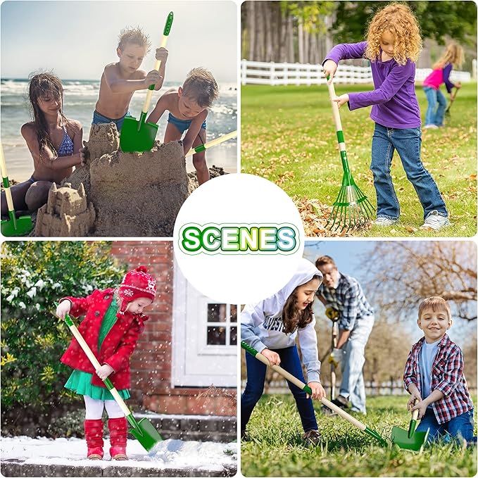 Duckura Kids Gardening Tools Set - 7pcs Wheelbarrow Set for Kids with Shovel Rake Leaf Rake Summer Outdoor Yard Digging Weed Birthday Gifts Toys Easter for Boys Girls Age 2 3+ Years(Green)