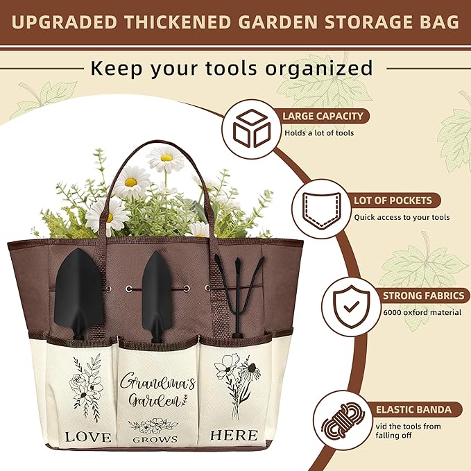 Grandma Gifts Mothers Day Garden Kit Gifts for Grandma from Grandkids Gardening Tools and Durable Garden Tools Organizer Tote Ideal Gardening Set for Women on Plant Lover Birthday Present Brown