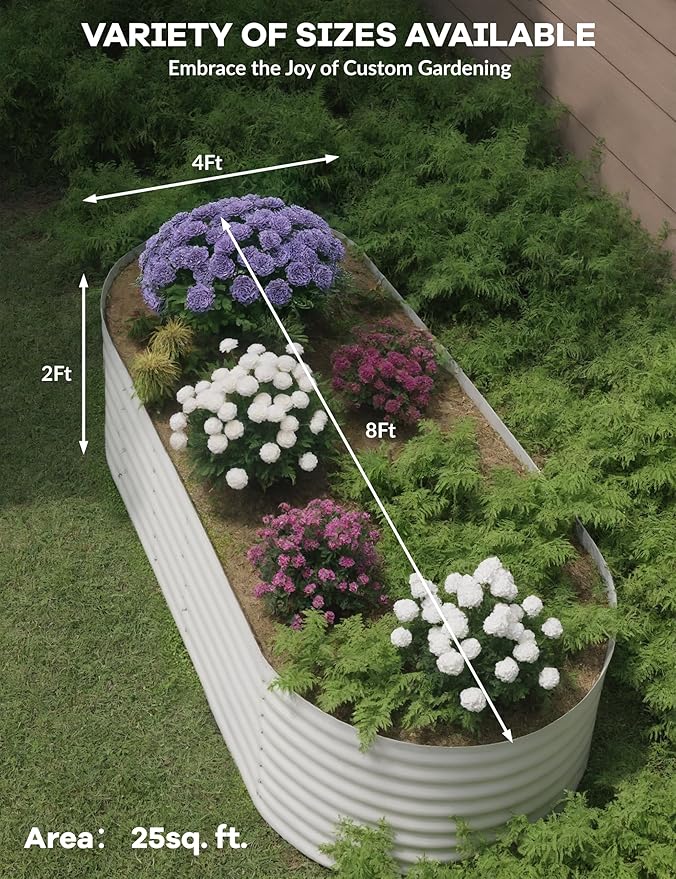 GarveeLife Galvanized Raised Garden Bed Outdoor 2 Pcs 8x4x2 ft Oval Metal Planter Box for Flowers Vegetables Herbs- Beige