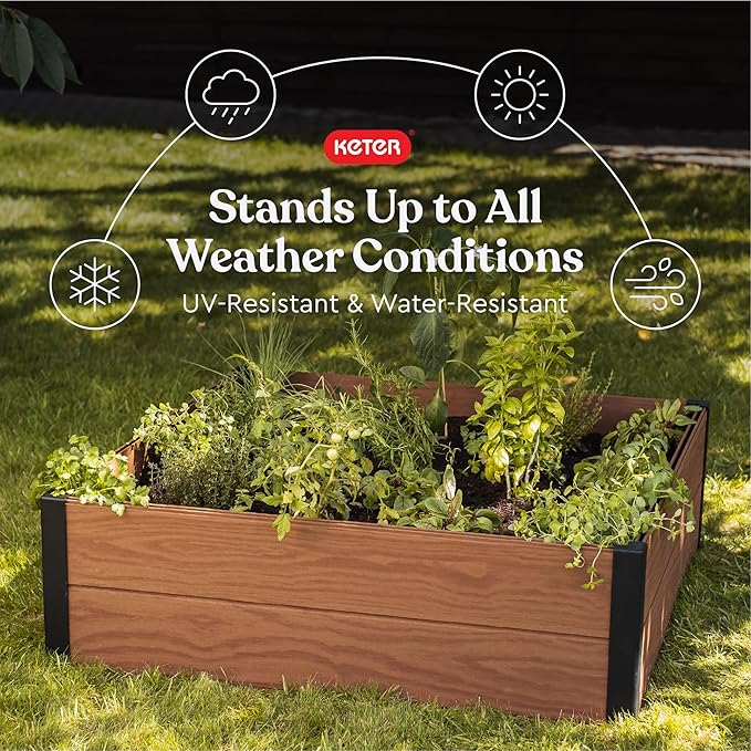 Keter 48 X 48 inches Wood Look Raised Garden Bed Durable Outdoor Herb Garden Planter for Vegetables Flowers and Succulents Brown