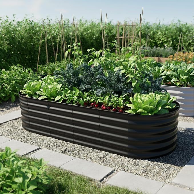 Relaxdays Raised Bed Galvanised Metal Flowers Plants &amp Vegetables H 45 x W 150 x D 60 cm Oval Plant Bed Black