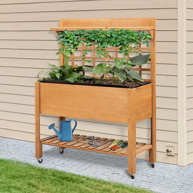 Outsunny 41 Raised Garden Bed with Trellis on Wheels Wooden Elevated Planter Box with Legs and Bed Liner for Flowers Herbs &amp Vegetables Brown