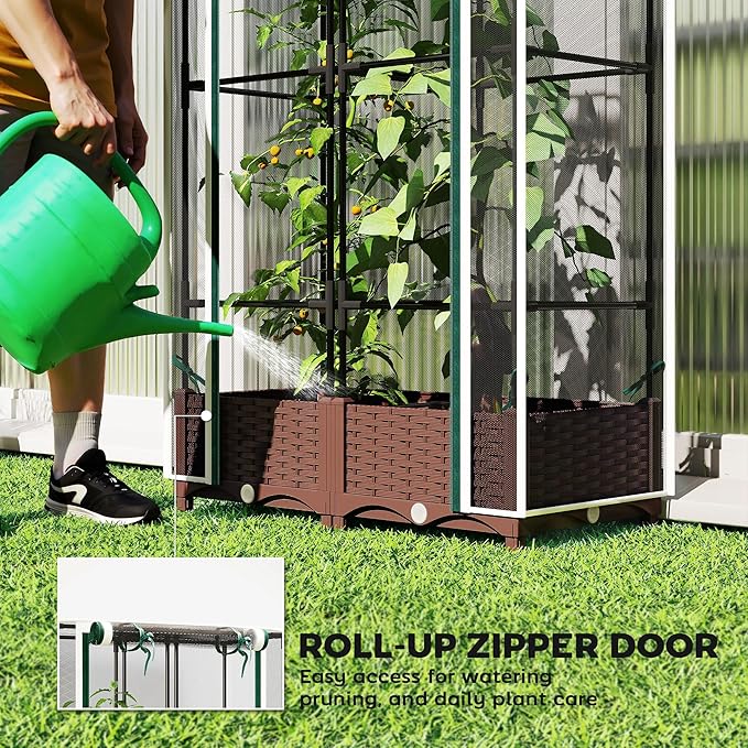 Outsunny Raised Garden Bed with Trellis 46.5 Tomato Cage with Crop Cage Self Watering Planter Box with Drainage Holes and Plugs for Outdoor Patio Climbing Plants Vines Vegetables Flowers White
