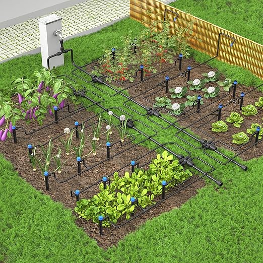Bonviee Drip Irrigation System 230FT – Quick Connect Garden Watering Kit with Adjustable Drip Emitters 1/4” &amp 5/16” Tubing for Raised Beds Greenhouse Lawn Automatic Timer Compatible
