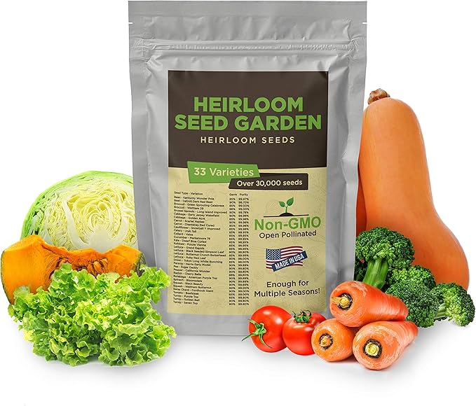 33 Variety Seed Bank Survival Gear 30000 Premium Non-GMO Open Pollinated Heirloom Seeds Made in USA