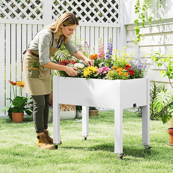 Raised Garden Bed with Legs 26.3 Tall Elevated Planter Box with Drainage Holes Water Gauge Lockable Wheels Weatherproof Resin Design for Vegetables and Flowers for Backyard Patio Balcony(White)