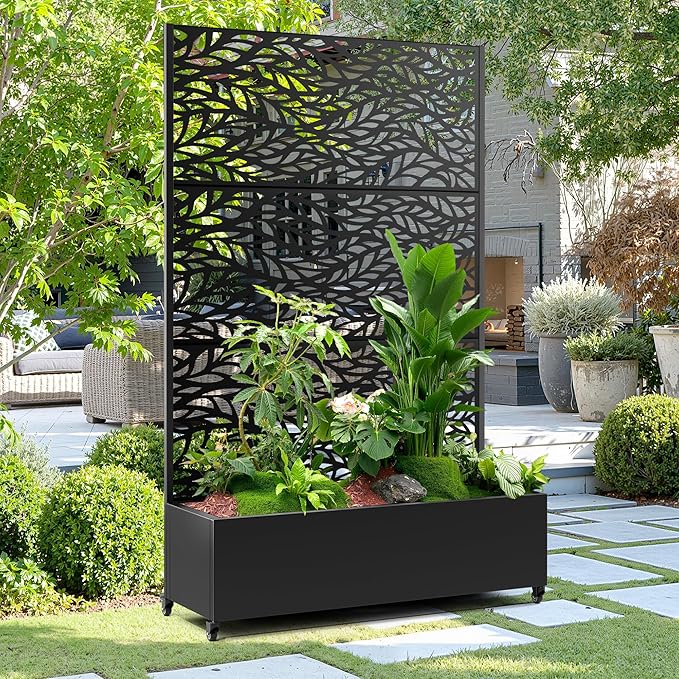 15.7×70.9×47.2 Metal Raised Garden Bed with Trellis and Wheels - Tall Trellis Planter Box for Climbing Plants Vegetables &amp Vines - Outdoor Privacy Planters for Patio (Black-Spring)