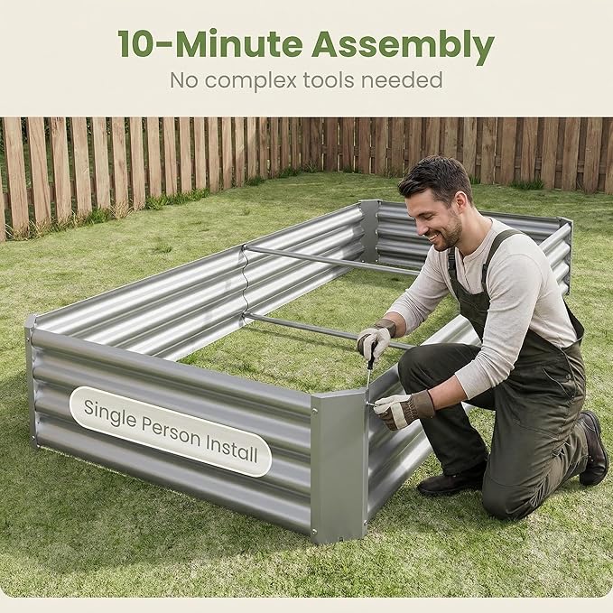 Metal Raised Garden Bed 8x4x1 ft Rectangle Planter Box Rust-Resistant Galvanized Steel with Open Base Design Quick Assembly for Vegetables Flowers and Plants (Silver)