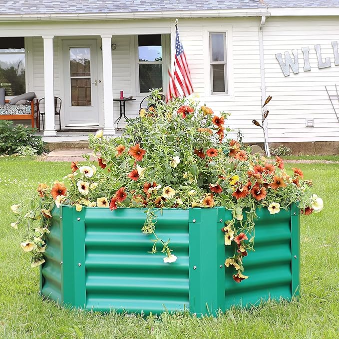 Sunnydaze Galvanized Raised Garden Bed Outdoor - Metal Planter Box for Gardening Vegetables and Plants - 16.25 H Hexagon - Green