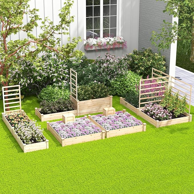 Wood Raised Garden Bed - 49 x 49 x 10 Elevated Garden Bed with Compost Bin for Outdoor Gardening and Planting Bottomless Planter Box for Deep-Rooted Vegetables Herbs Flowers and Fruits