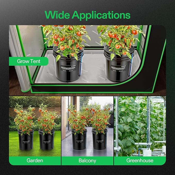 VIVOSUN DWC Hydroponics Grow System with Top Drip Kit 5-Gallon Deep Water Culture Recirculating Drip Garden System with Multi-Purpose Air Hose Air Pump and Air Stone (2 Buckets + Top Drip Kit)