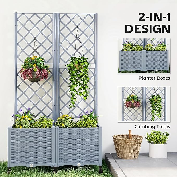 Outsunny Planter Box with Trellis Self Watering Raised Garden Bed with Lockable Wheels 56.3 Trellis Privacy Planter with Drainage Holes for Climbing Plants Vines Vegetables Flowers Gray