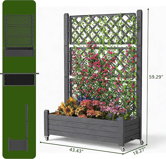 Elevated Raised Garden Bed with Trellis 21 Gallon Self-Watering Outdoor Resin Planter Box with Lockable Wheels Drain Plug &amp Water Monitor for Plants Vegetables Flowers Fruits (Black)