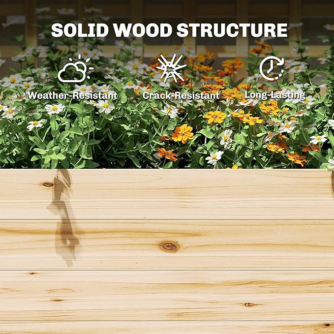 Outsunny Wooden Raised Garden Bed with Trellis and Roof Elevated Outdoor Planter Box with 2 Shelves Drainage Hole and Liner for Climbing Plants Vegetables Flowers Natural