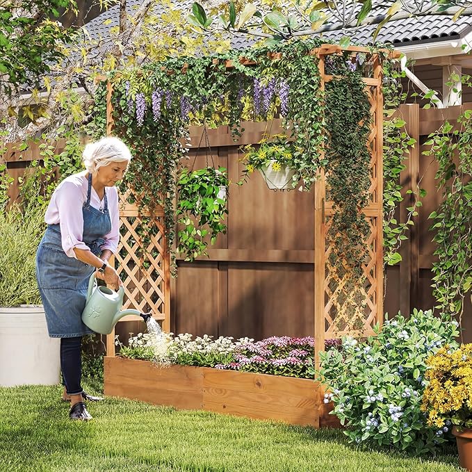 BECOMFORT Raised Garden Bed with Trellis &amp Hanging Roof 72 Tall Fir Wood Planter Box with Drainage Holes Outdoor Elevated Garden Planter for Climbing Vines (Orange 77 Lx17 Wx72 H)