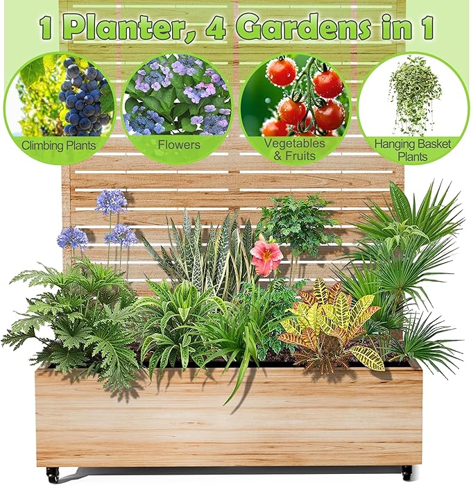 Metal Trellis Planter Box for Climbing Plants Large Raised Garden Bed with Trellis and Wheels 47 L Standing Privacy Planter for Patio with Drainage Holes (Acacia Wood Grain Louvered)
