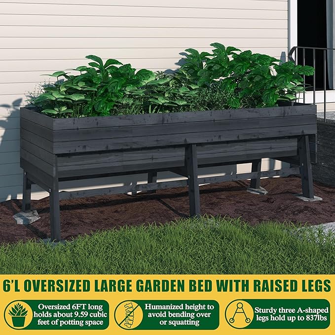 BlueWish Cedar Raised Garden Bed 28.5 H Raised Garden Bed with 837 lbs Capacity Detachable Liner Planter Box for Gardening Vegetable Flower Hub Grey